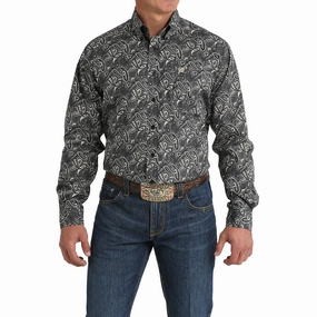 Fitted Design Chic Comfort Cinch Men's Black Paisley Long Sleeve Button Down