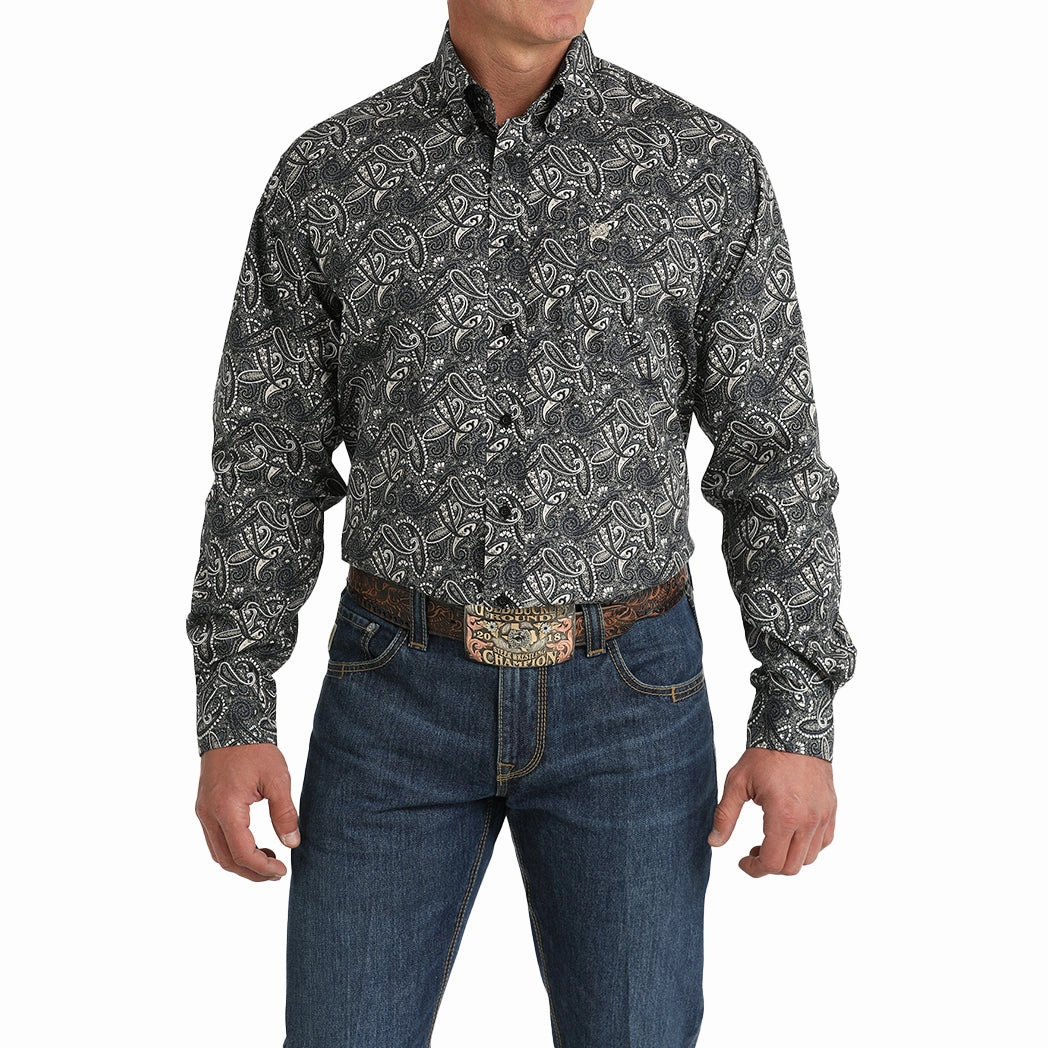 Fitted Design Chic Comfort Cinch Men's Black Paisley Long Sleeve Button Down