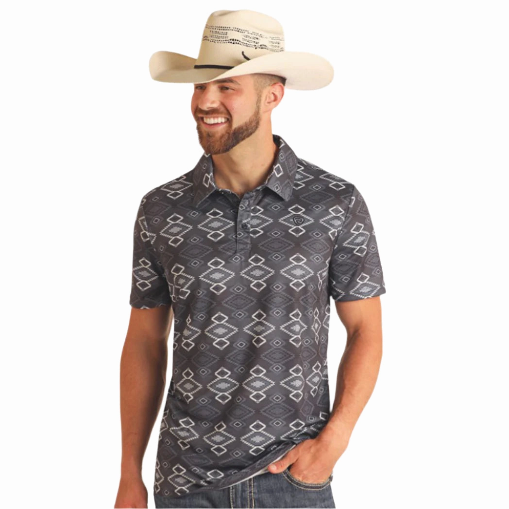 Graphic Art Flatlock stitching Rock & Roll Men's Black & Grey Southwest Aztec Polo