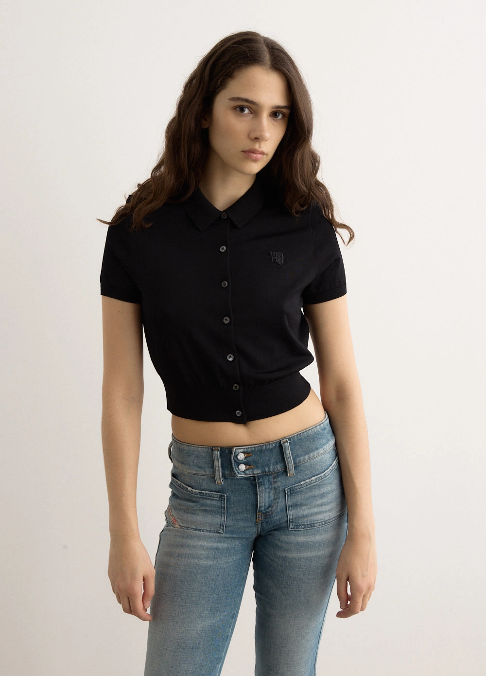 Short Sleeve Polo Cardigan With Embroidered Logo Reinforced Buttonholes Layered Design