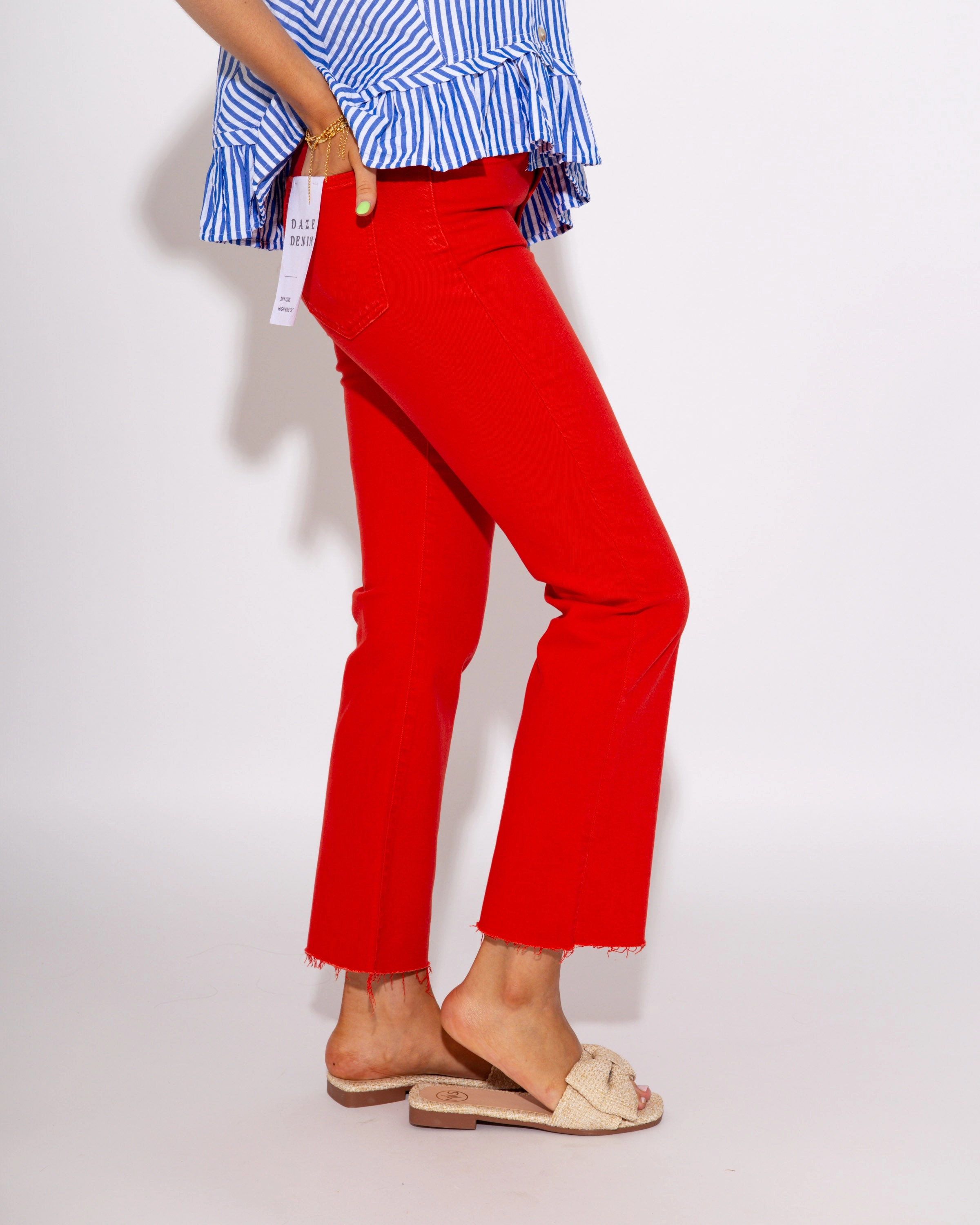 Shy Girl High Rise Frayed Jeans in Cherry Red All Style Fit