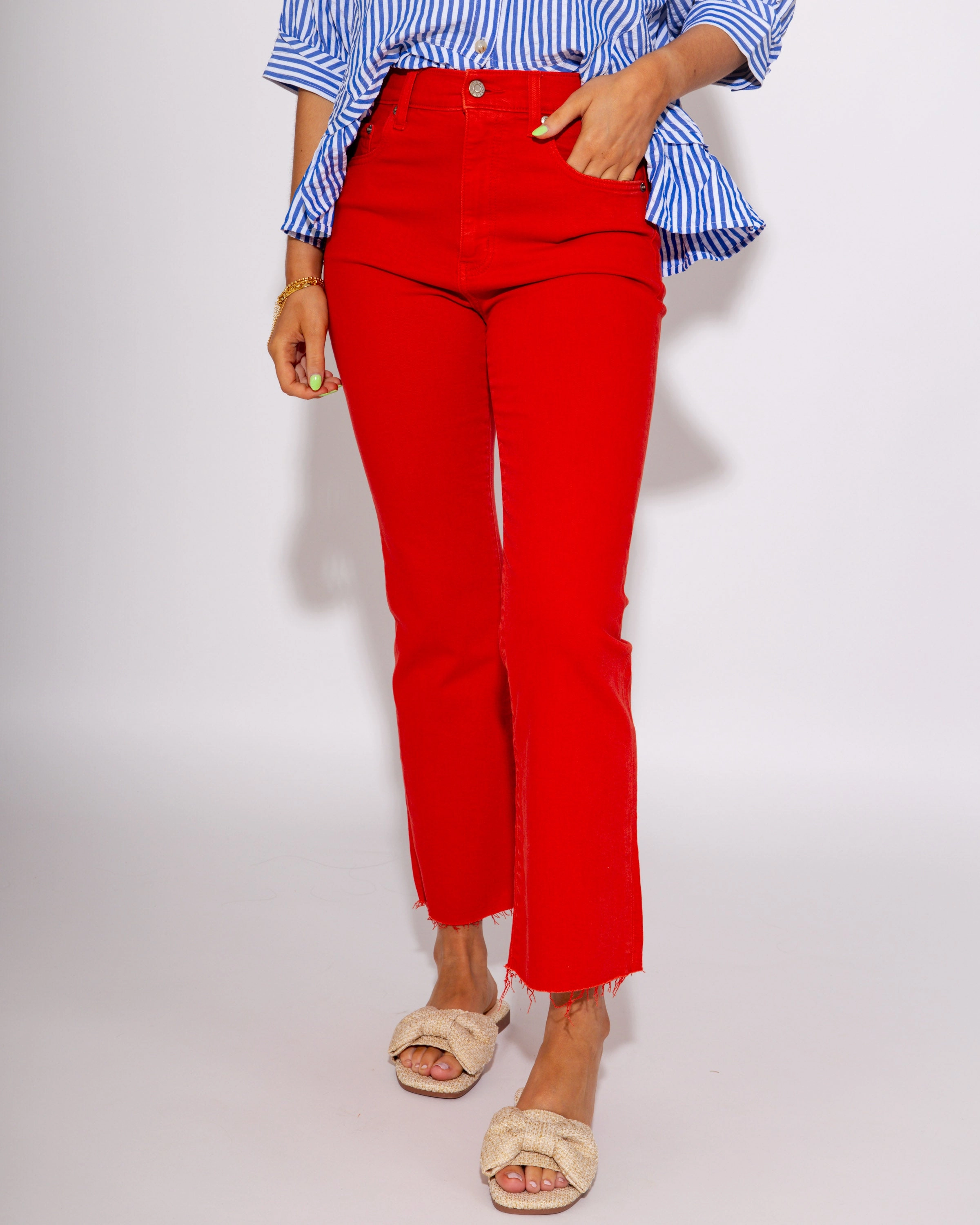 Shy Girl High Rise Frayed Jeans in Cherry Red Stylish Touch