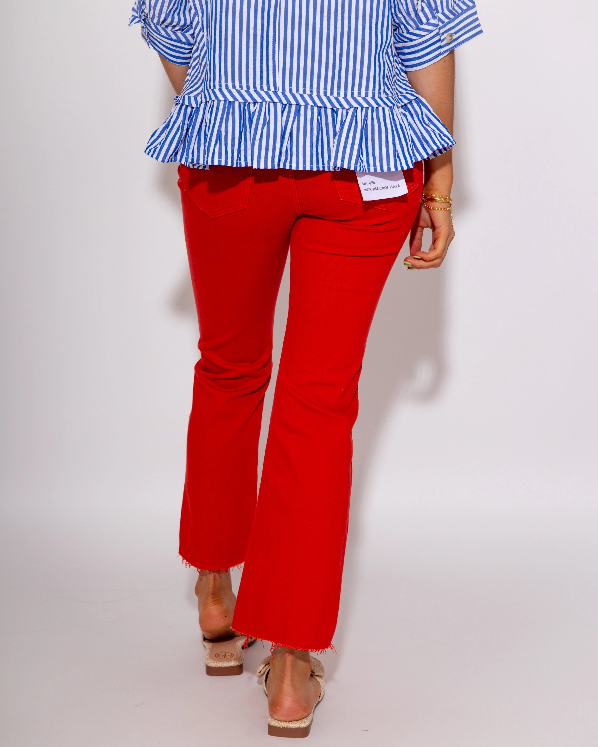 Shy Girl High Rise Frayed Jeans in Cherry Red Fashionable Look