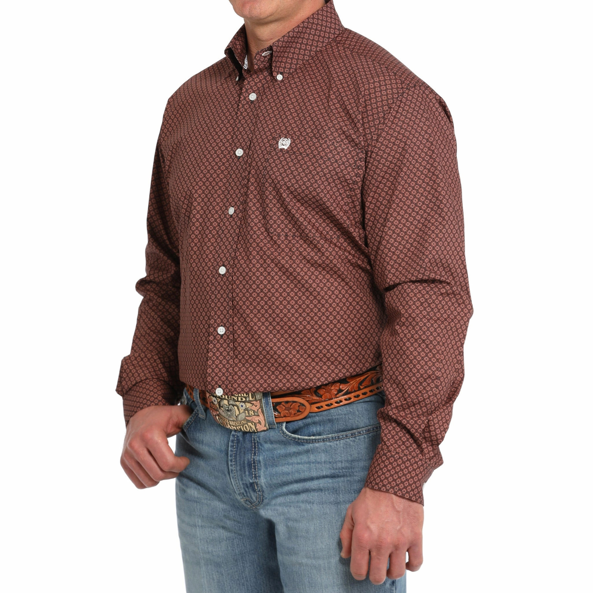 Refined Aesthetic Quick Dry Technology Cinch Men's Dark Red Geo Print Shirt