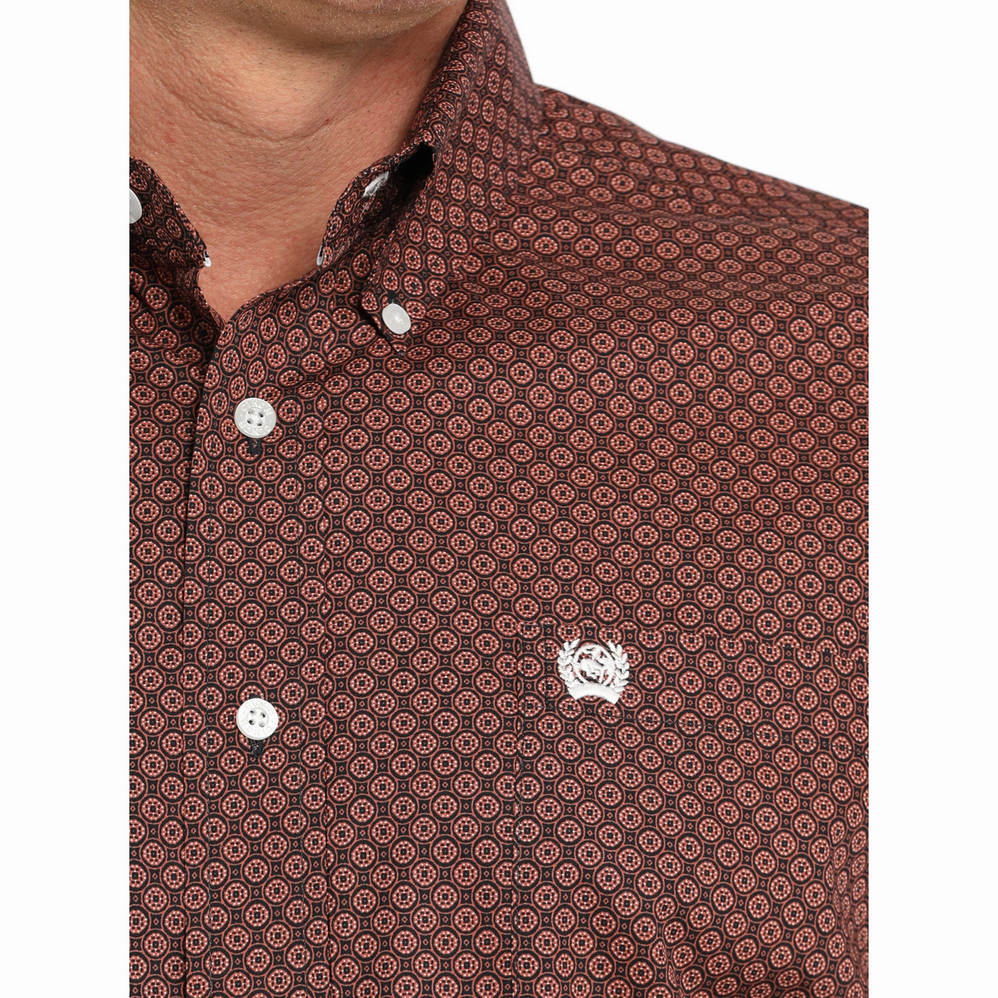 Cinch Men's Dark Red Geo Print Shirt Functional Comfort Neutral Toned Stitching