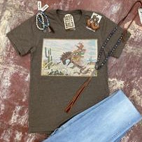 Ribbed Trim Details Interlock Stitch Detail J. Forks Women's Brown Bucking Horse Tee