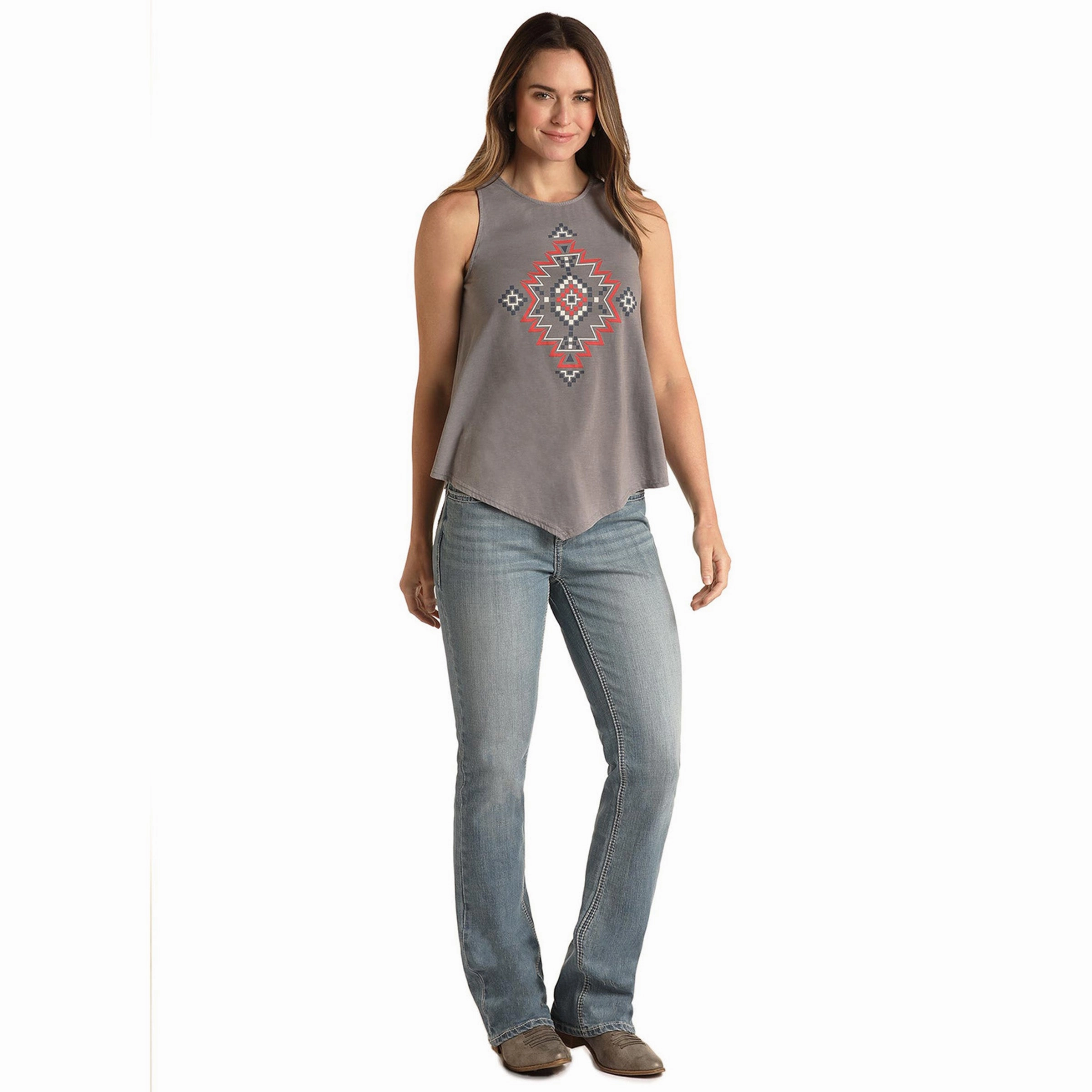 Layered Collar Unstructured Silhouette Rock & Roll Women's Grey Aztec Uneven Hem Tank Top