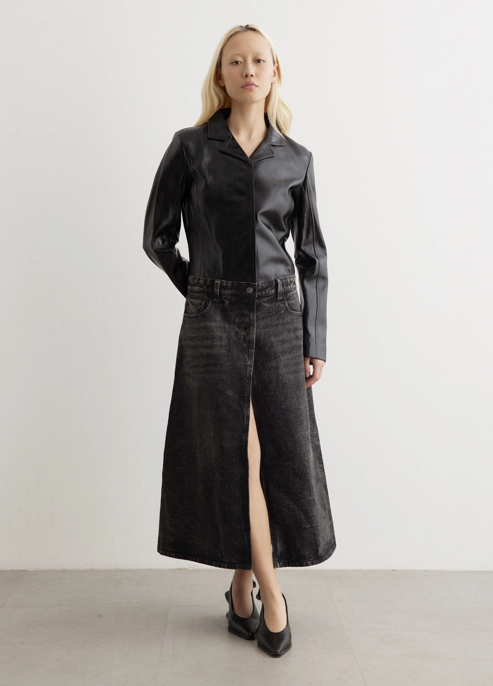 L-Ory Giacca Denim Midi Skirt Slip Resistant Waistband Outfit Combo