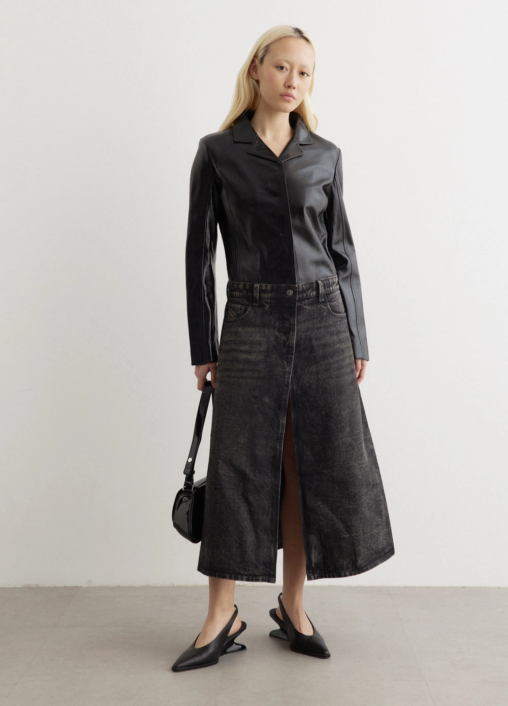 L-Ory Giacca Denim Midi Skirt Pleated Construction Thermal Regulating