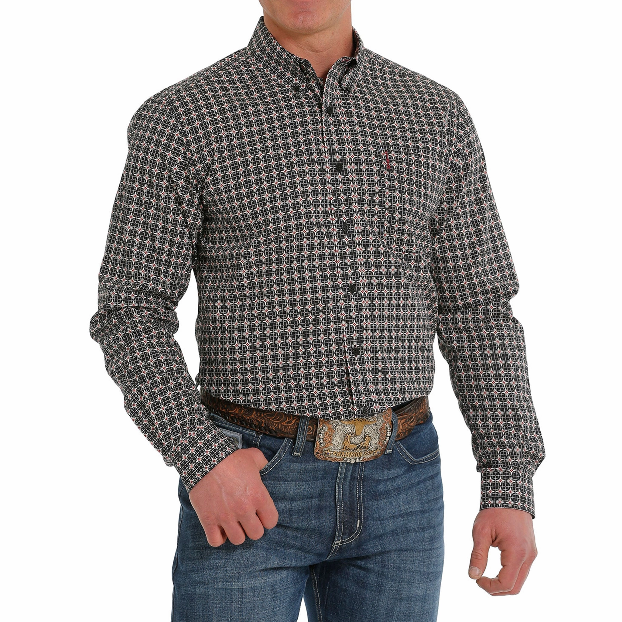 Breathable Underarm Vents Cinch Men's Black & Red Print Shirt