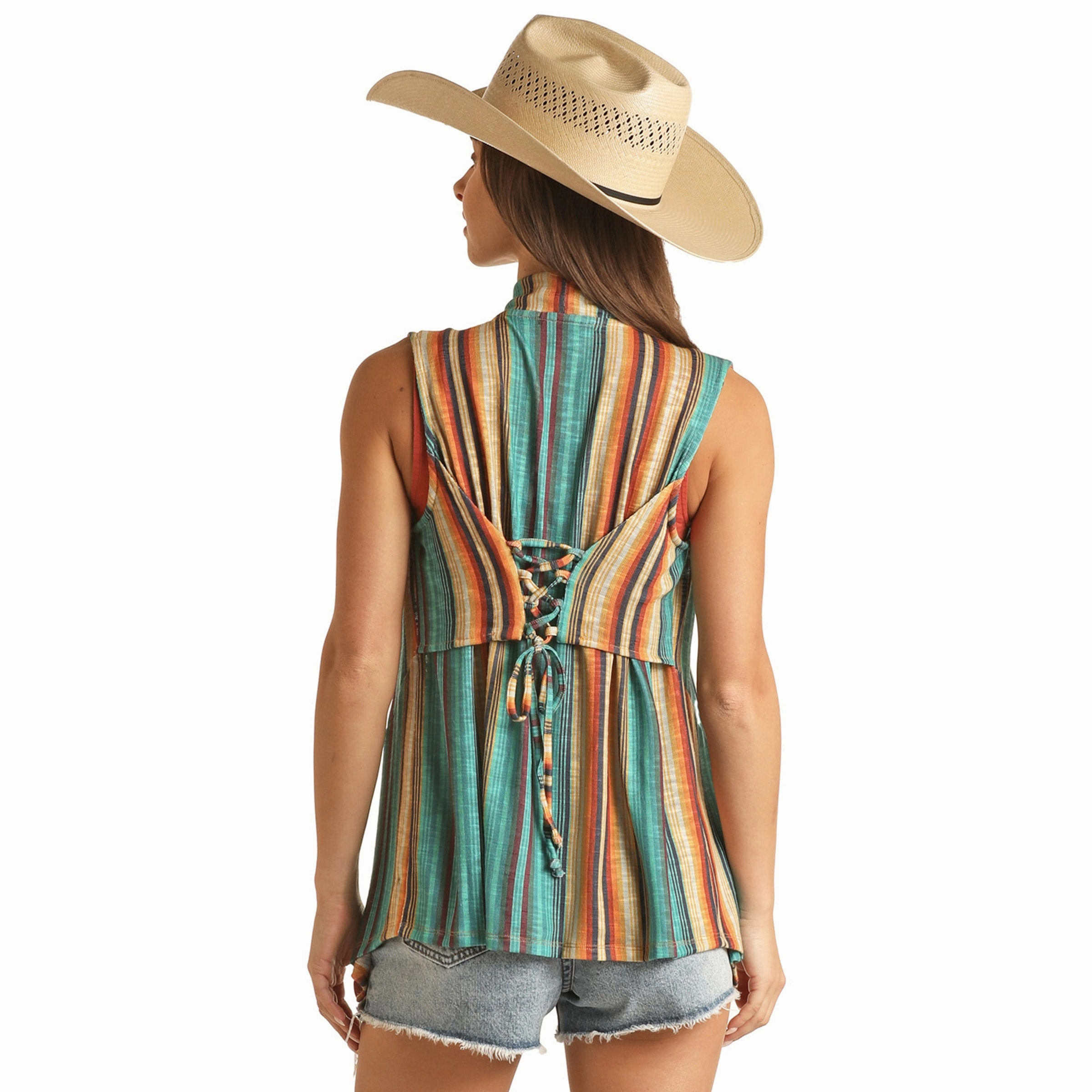 Rock & Roll Cowgirl Multi Striped Vest With Lace Up Detailing DropShoulderConstruction NonIrritating Stitching
