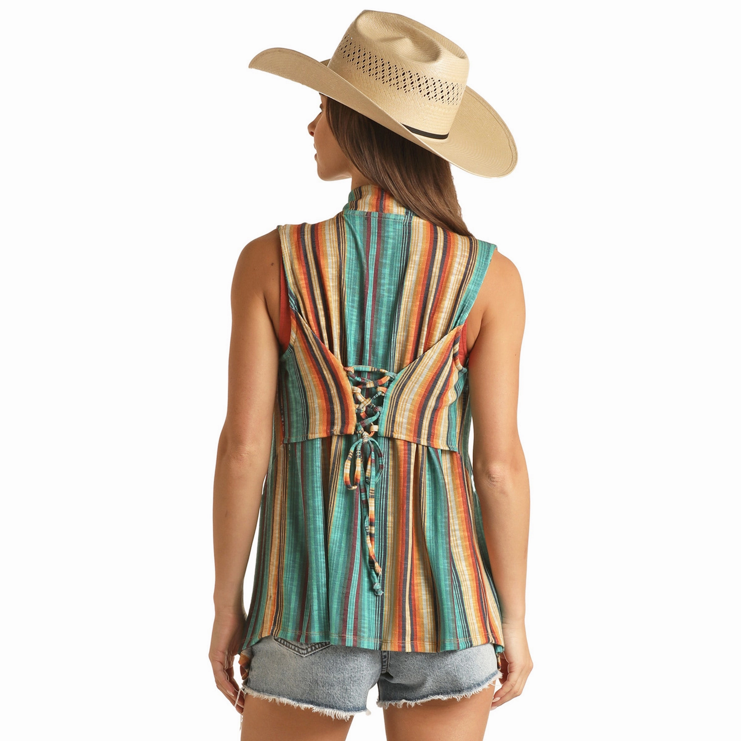Rock & Roll Cowgirl Multi Striped Vest With Lace Up Detailing Snag Free Fabric NonIrritatingEdges