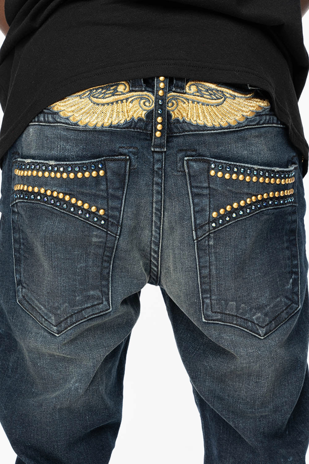 SKINNY MENS JEANS IN 4 D DARK BLUE WASH  WITH BLUE SAPPHIRE CRYSTALS AND GOLD NAILHEAD Fit For Daily