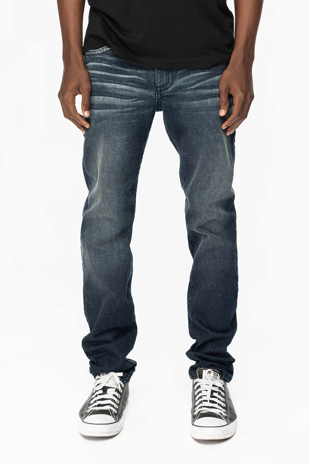 SKINNY MENS JEANS IN 4 D DARK BLUE WASH  WITH BLUE SAPPHIRE CRYSTALS AND GOLD NAILHEAD Stone Wash Finish Laidback Style