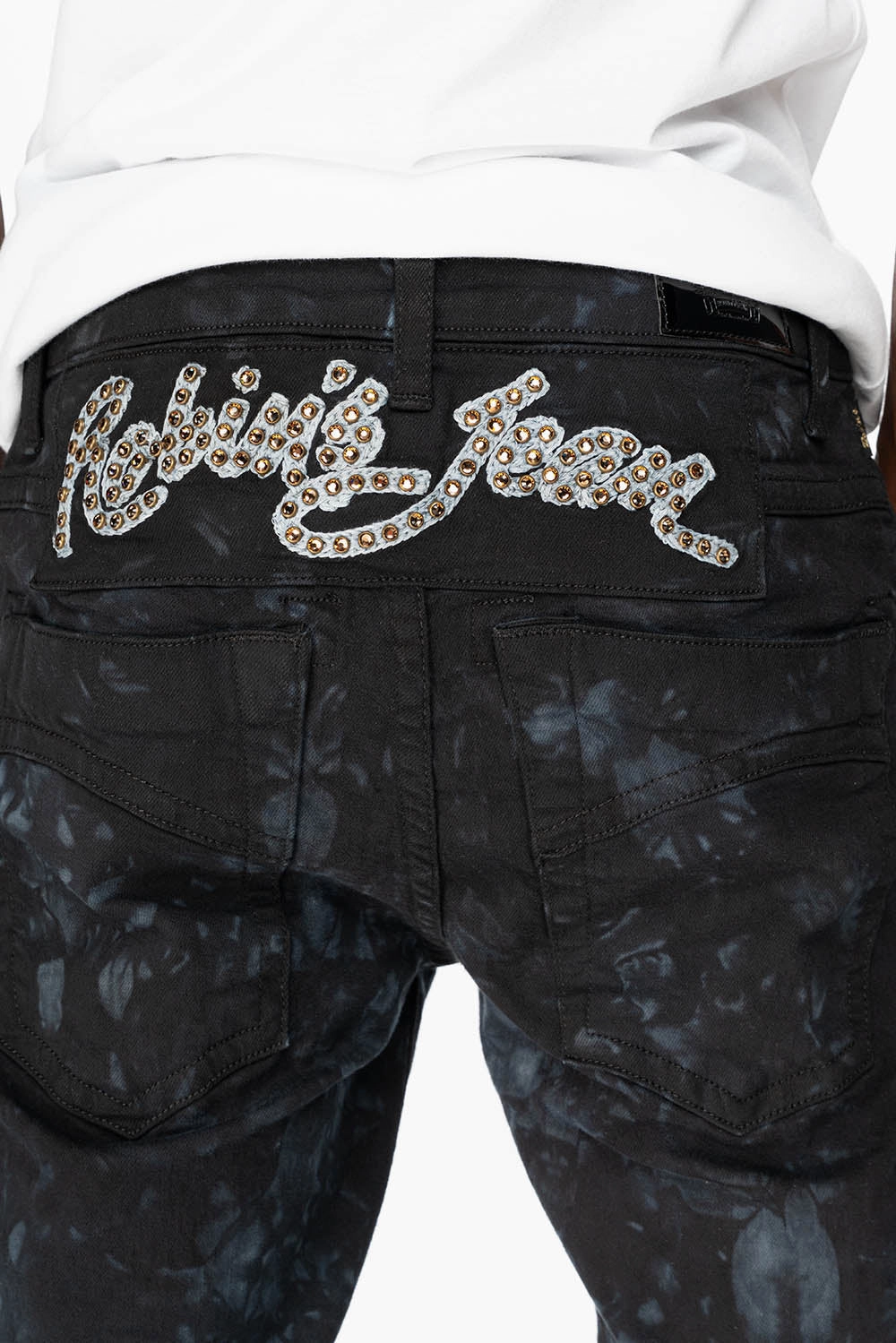 SKINNY MENS JEANS IN ASTRO BLACK WITH CHAIN STICH EMBROIDERY LOGO EMBELLISHED WITH  CRYSTALS Active Comfort Effortless Comfort