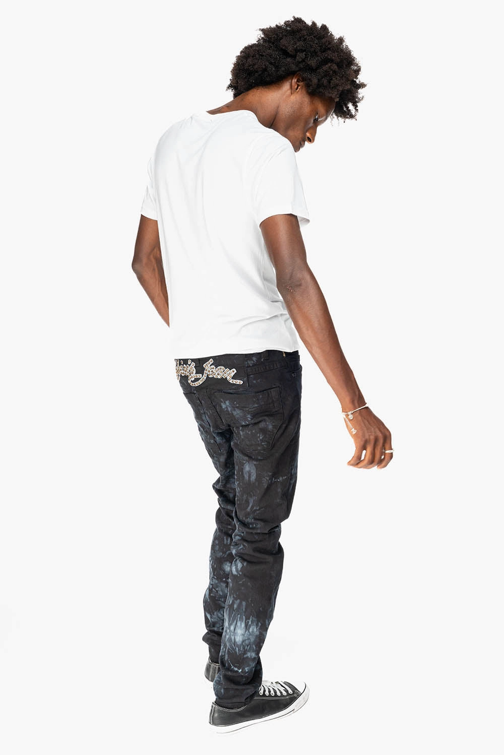 SKINNY MENS JEANS IN ASTRO BLACK WITH CHAIN STICH EMBROIDERY LOGO EMBELLISHED WITH  CRYSTALS Go-To Style