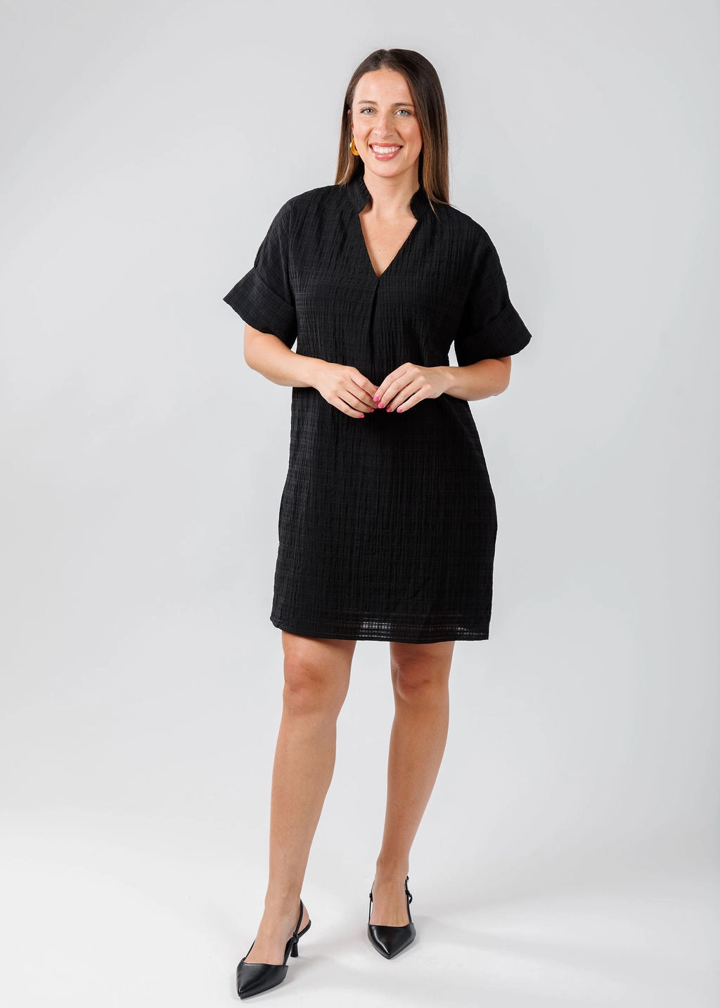 Beaded-Edge Textured Short Sleeve Dress - Black