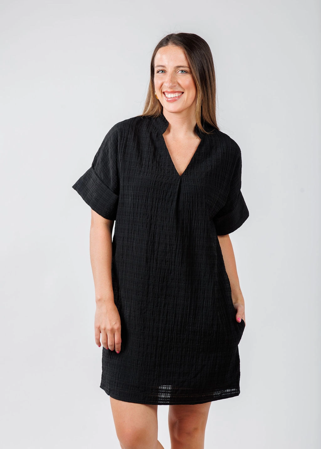 Low Maintenance Textured Short Sleeve Dress - Black