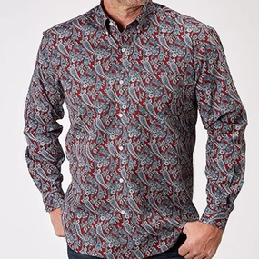 Roper Men's Red/Grey Paisley Long Sleeve Social Meetup