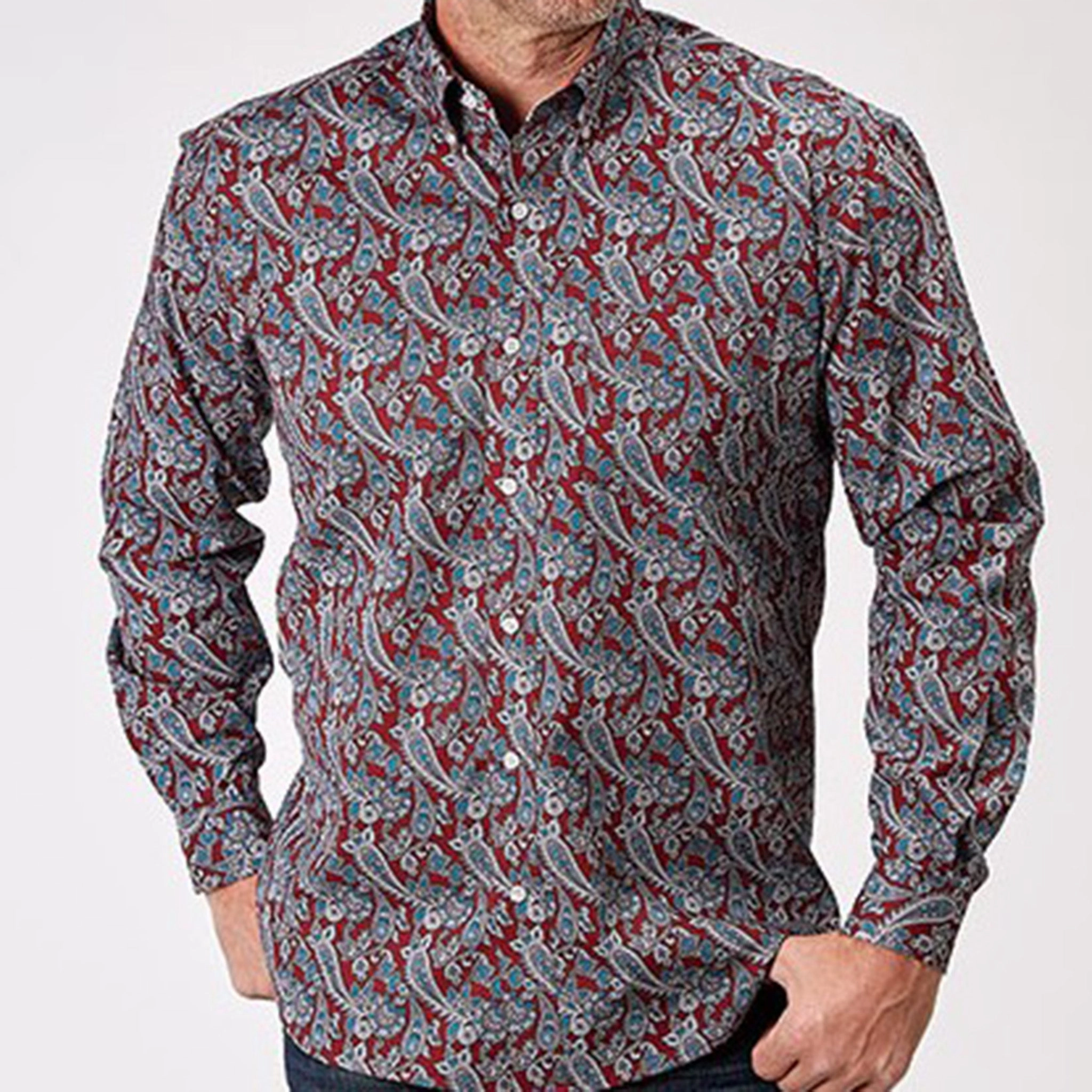 Roper Men's Red/Grey Paisley Long Sleeve Social Meetup