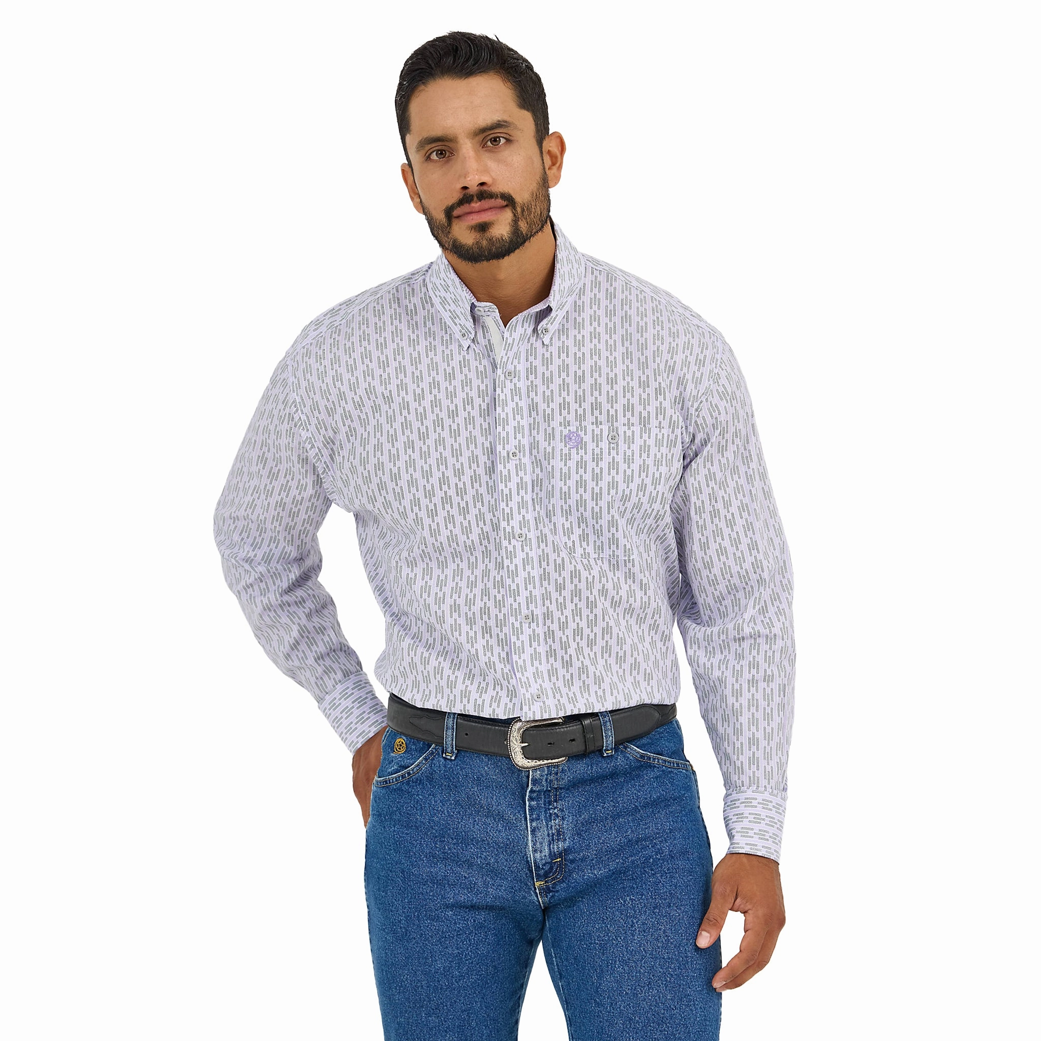 checkered pattern Wrangler Men's Georg Strait Geometric Stripe Long Sleeve