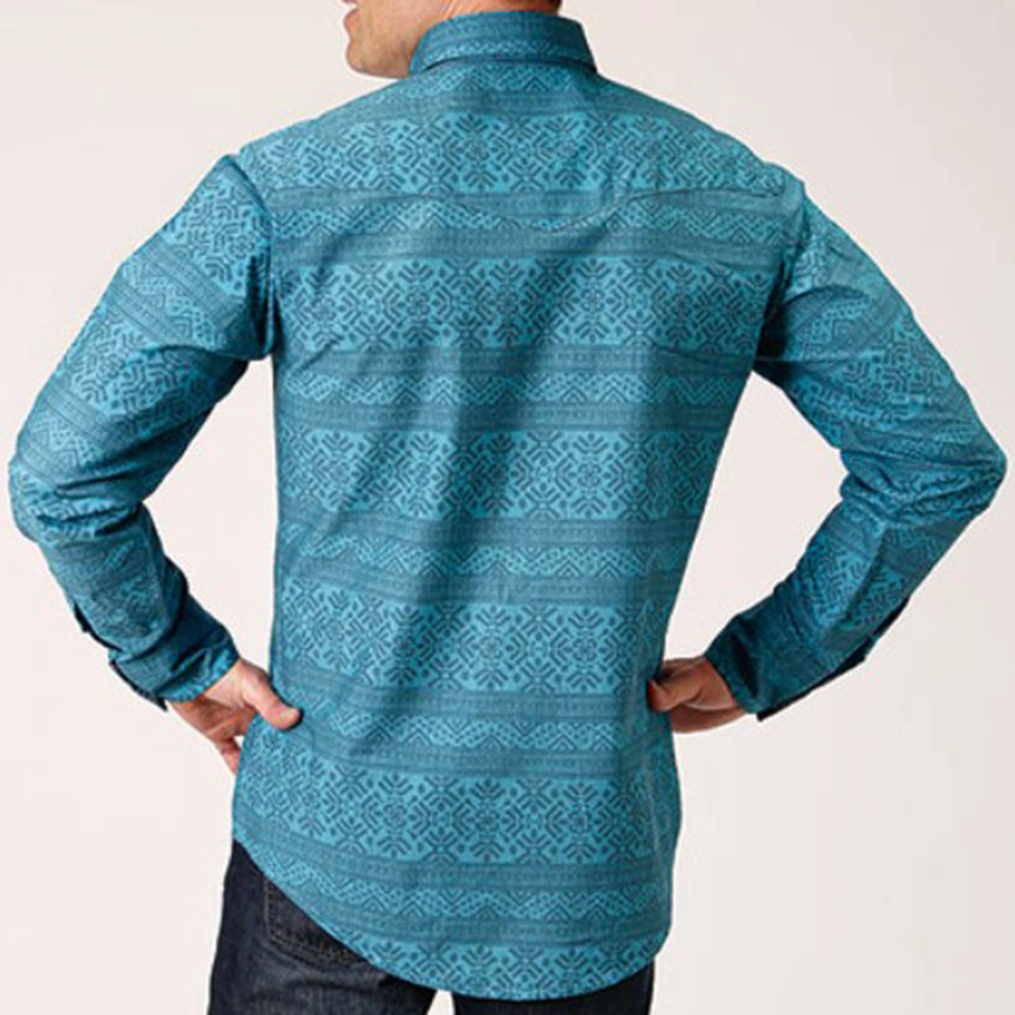 checkered pattern Roper Men's Turquoise and Blue Aztec Print Shirt