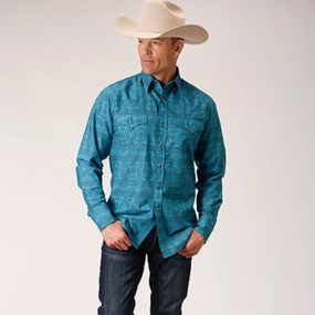 Geometric Print Roper Men's Turquoise and Blue Aztec Print Shirt