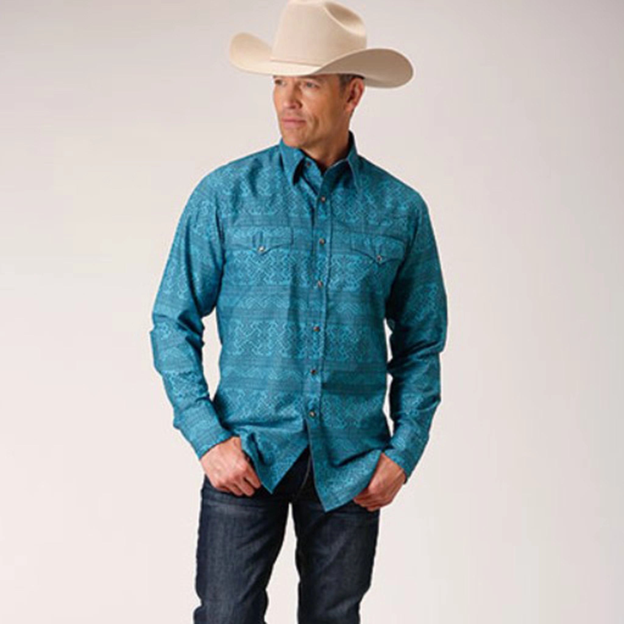 Geometric Print Roper Men's Turquoise and Blue Aztec Print Shirt