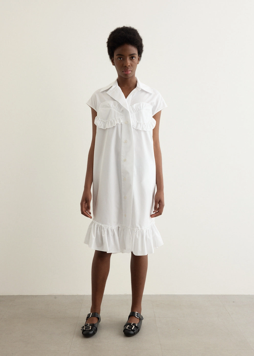 Casual Look Sleeveless Ruffle Bust Detail Frill Hem Shirt Dress