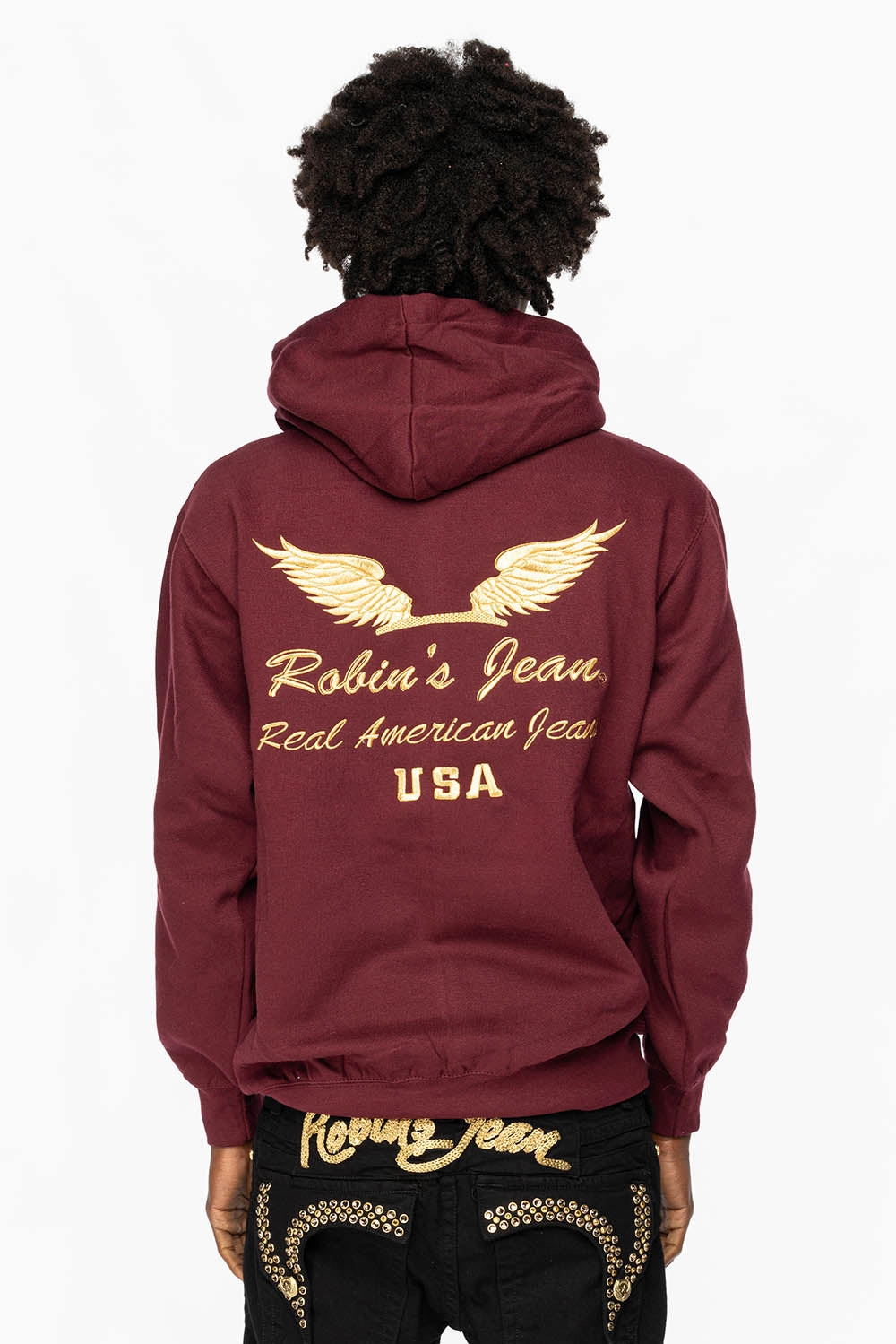 PULLOVER HOODIE IN BURGANDY WITH GOLD WINGS EMBROIDERY Versatile Fit Layered Wearable