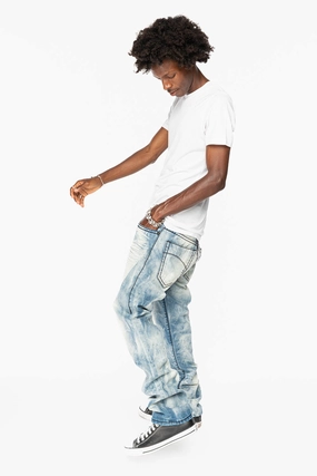 Sharp Silhouette Versatile Waist Design MENS SLIM FIT JEANS IN CHEROKEE DARK WASH WITH HEAVY STITCHING AND BLK EMBROIDERED WINGS