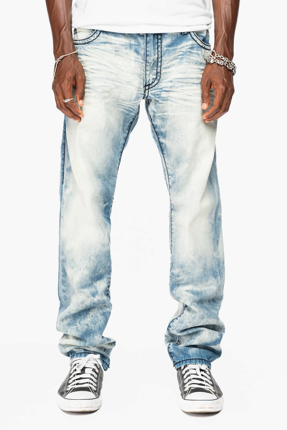 MENS SLIM FIT JEANS IN CHEROKEE DARK WASH WITH HEAVY STITCHING AND BLK EMBROIDERED WINGS Comfy Fit