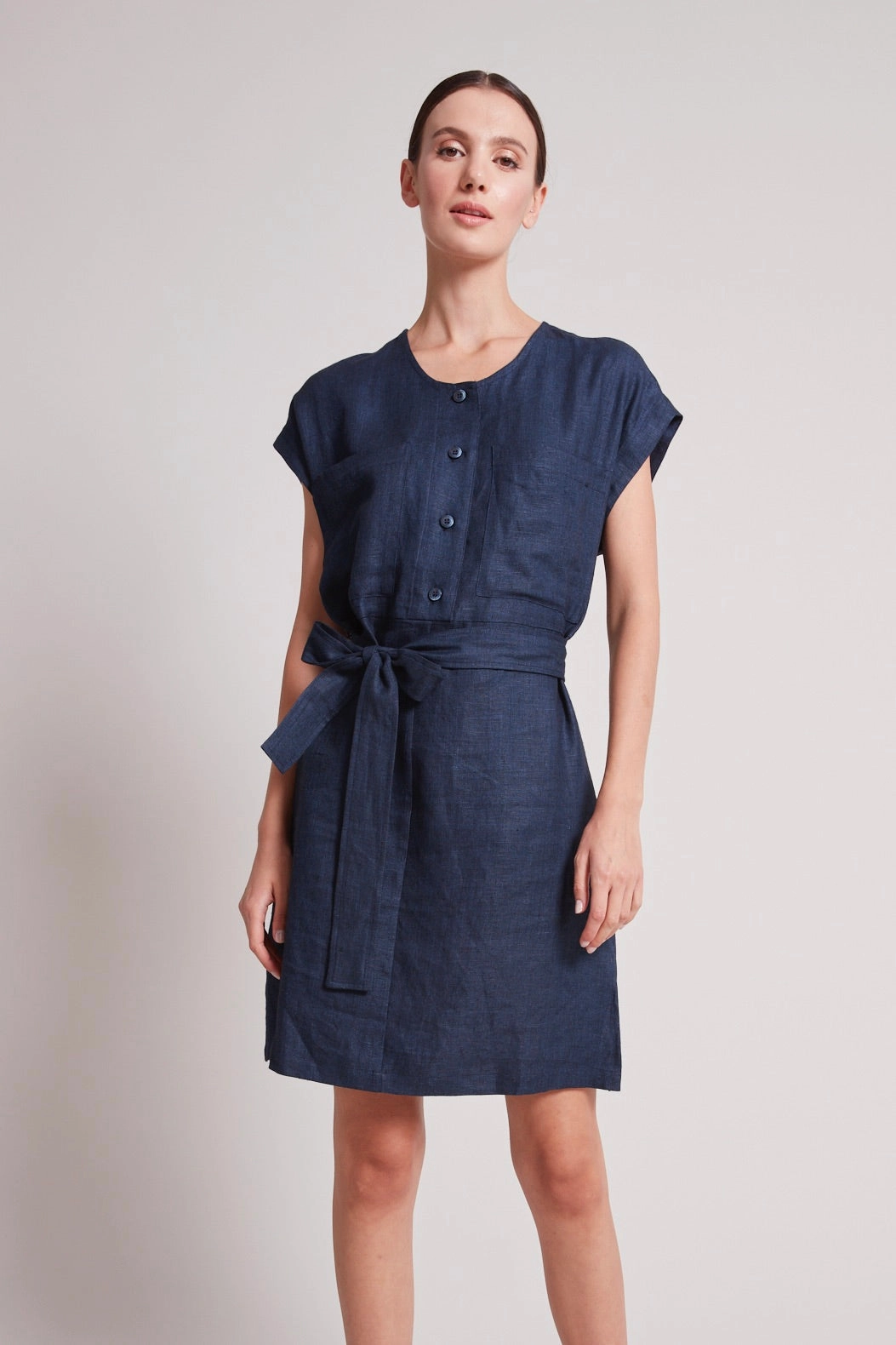 Tanner Cap Sleeve Popover Dress - Navy Feminine off-the-shoulder gown
