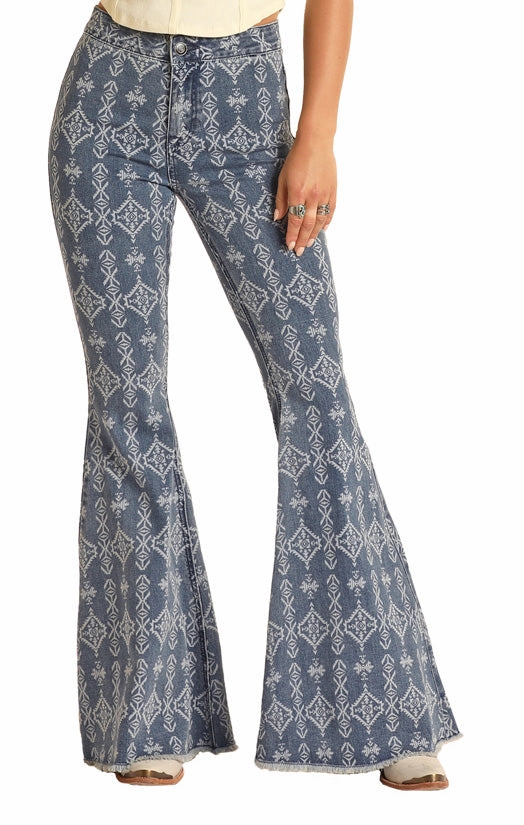 Sustainable Denim Production Rock & Roll Women's Blue Aztec Bell Bottom