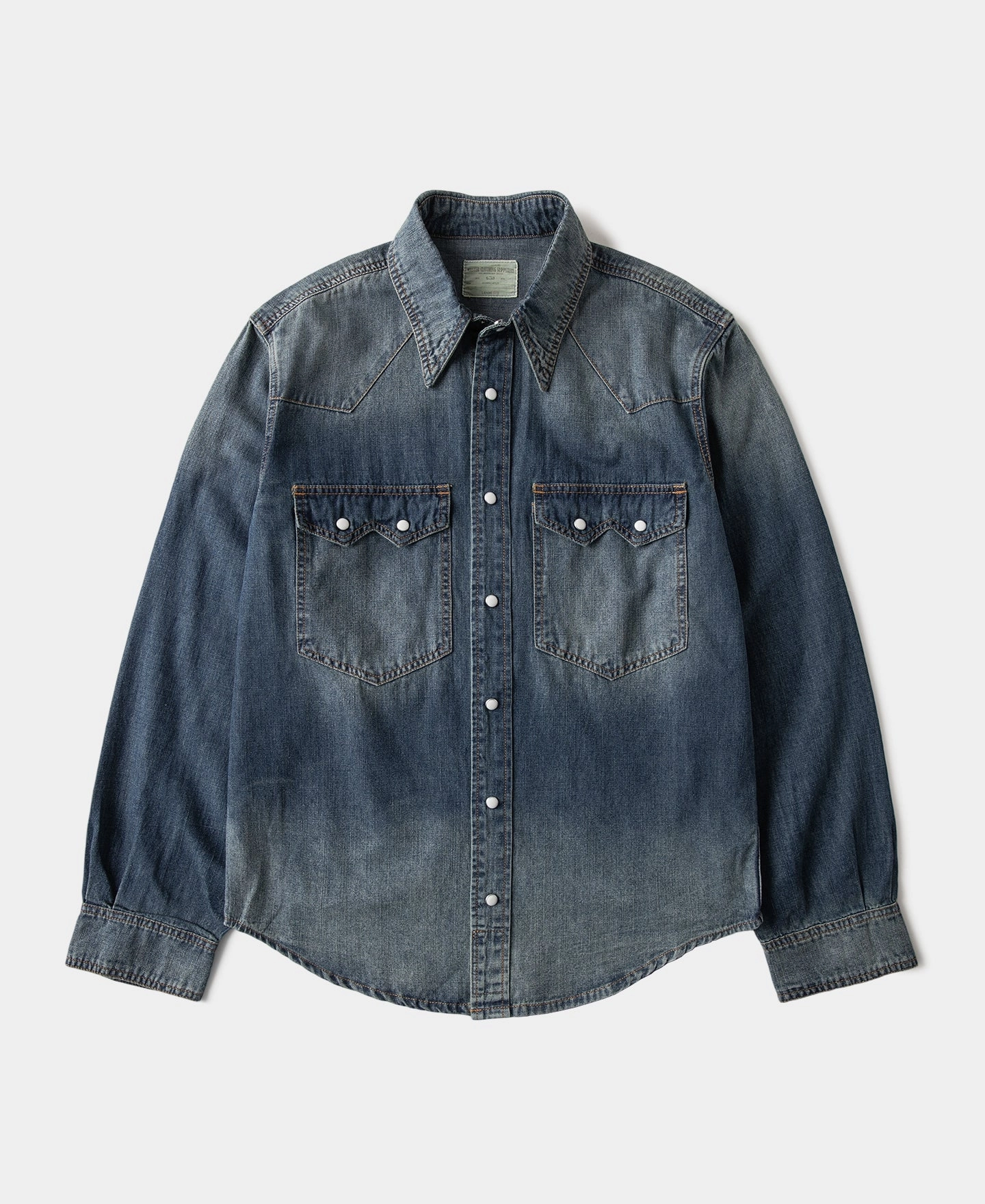 Classic Collar Slub Denim Snap Button Western Shirt - Washed Indigo