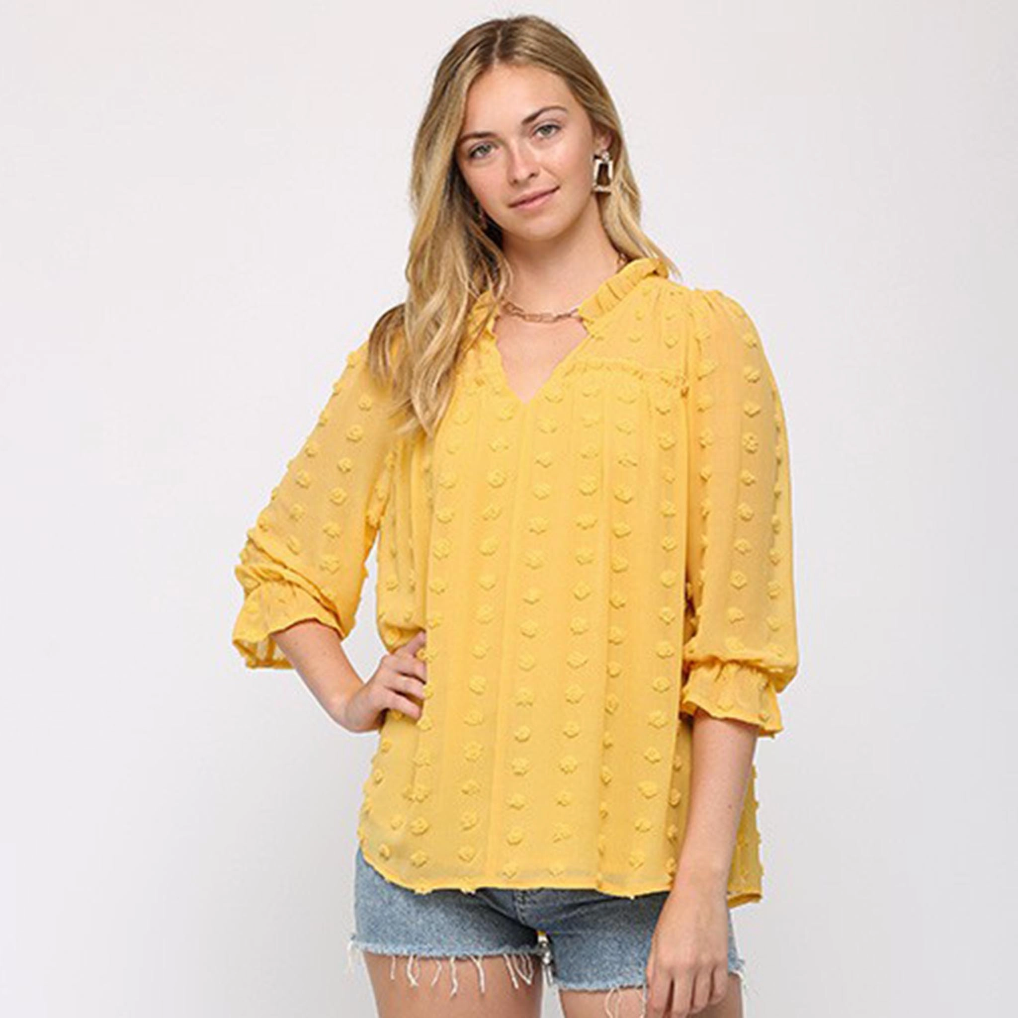 Gigio Women's Solid Puffy Dot Long Sleeve - Sold in Mustard and Rose Bound Seam Edges Unlined Design