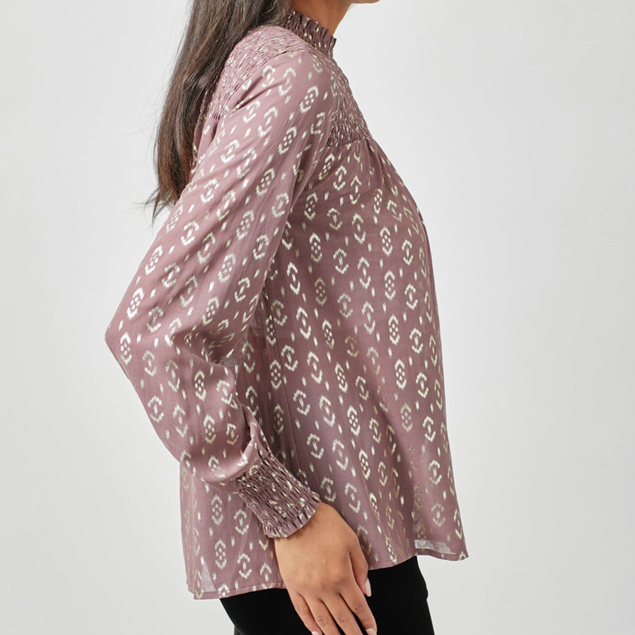 Non Restrictive Armhole Cut NonPill Surface Treatment Mystree Women's Sparkle Smocked Blouse