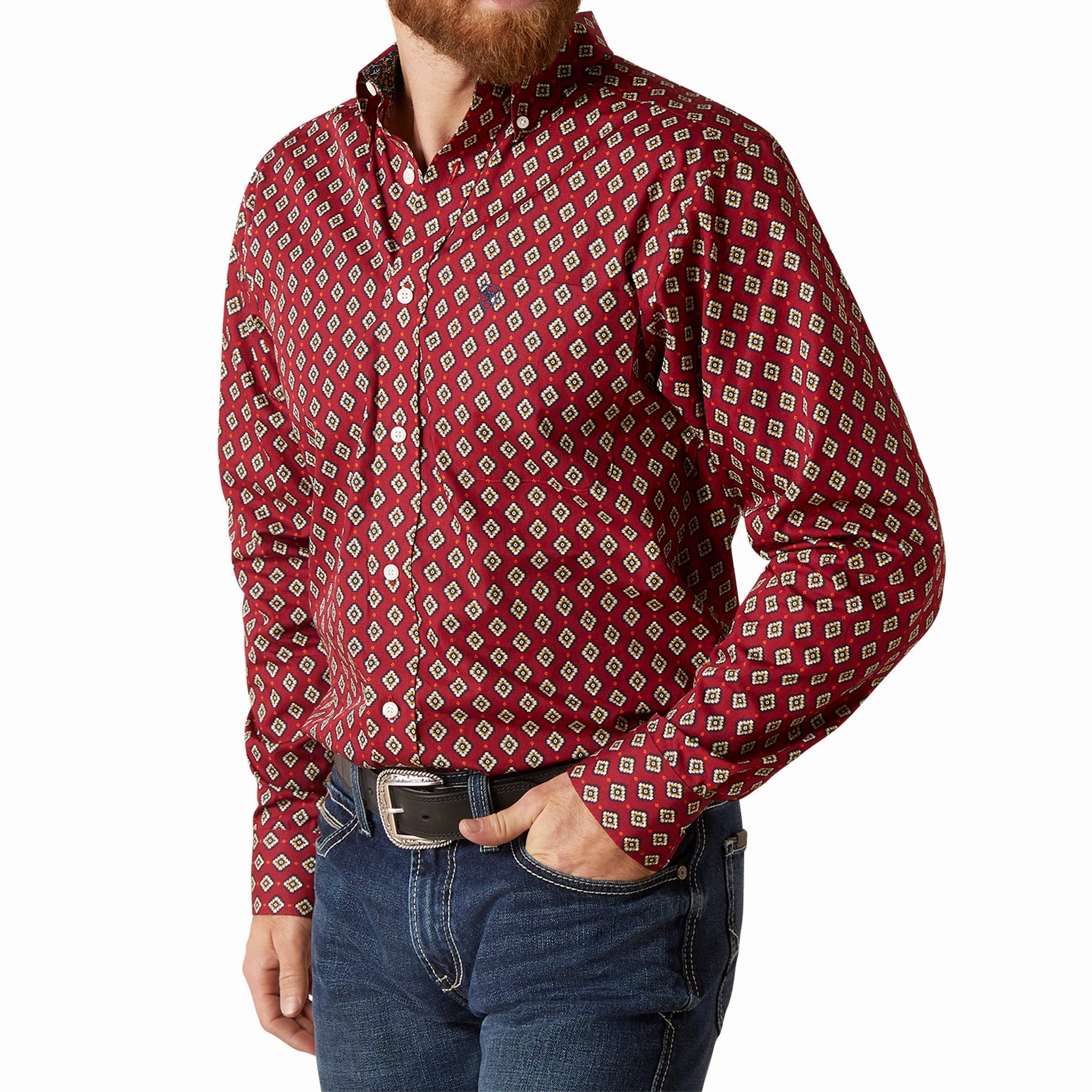 Geometric Shape Personalized Touch Ariat Men's Red Diamond Print Shirt