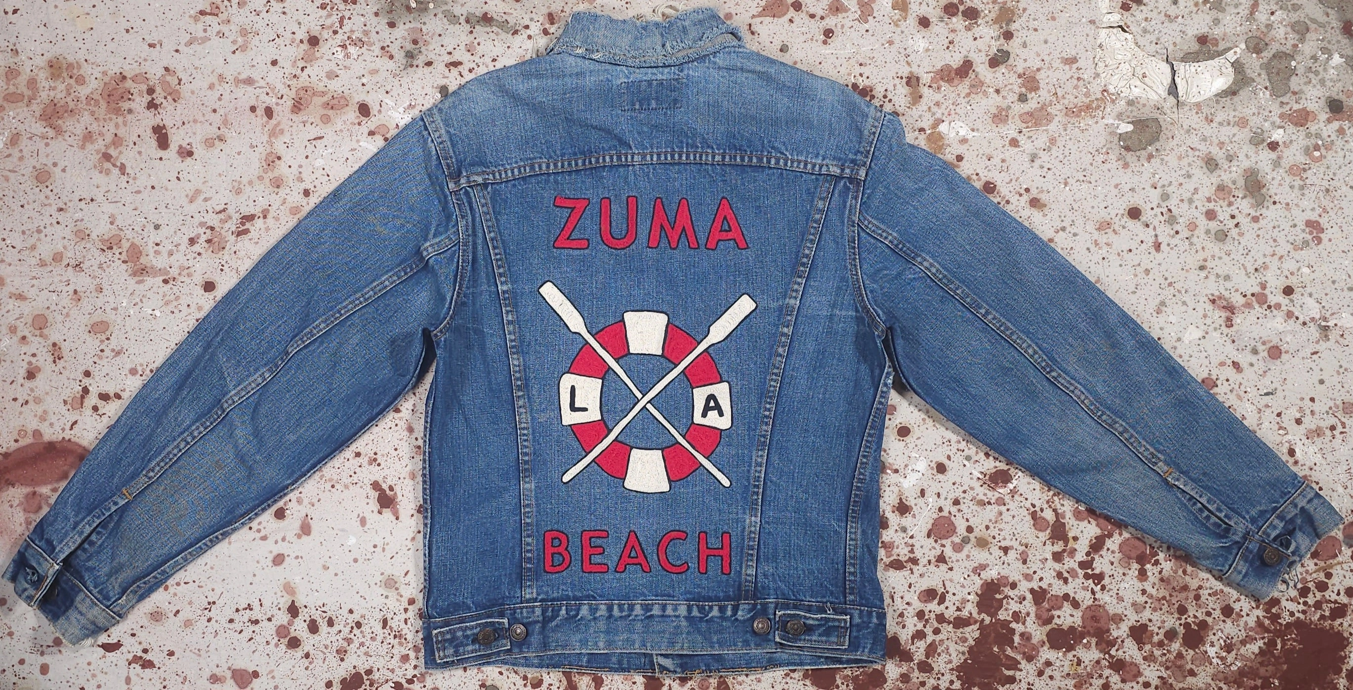 Waterproof Design Vintage USA 1970's Levi Superwash 2 Pocket Trucker Jacket w/ Custom JYJ Zuma Beach Chainstitch (JYJ0125-402)