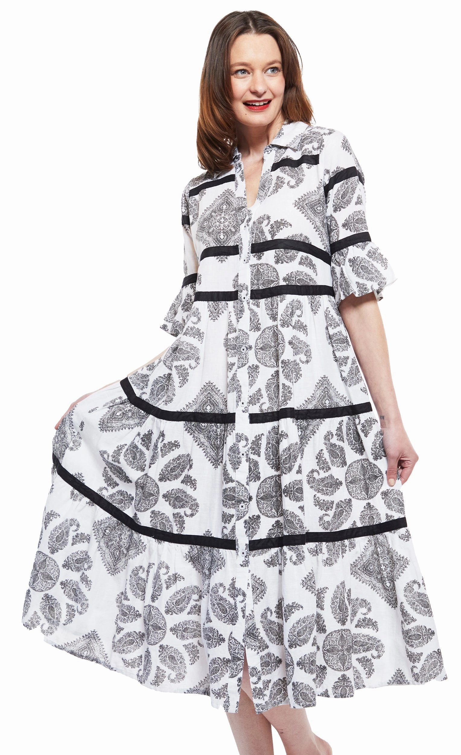 Happy Scent Miami Midi Dress - Black/White Paisley With Black Ribbon Trim