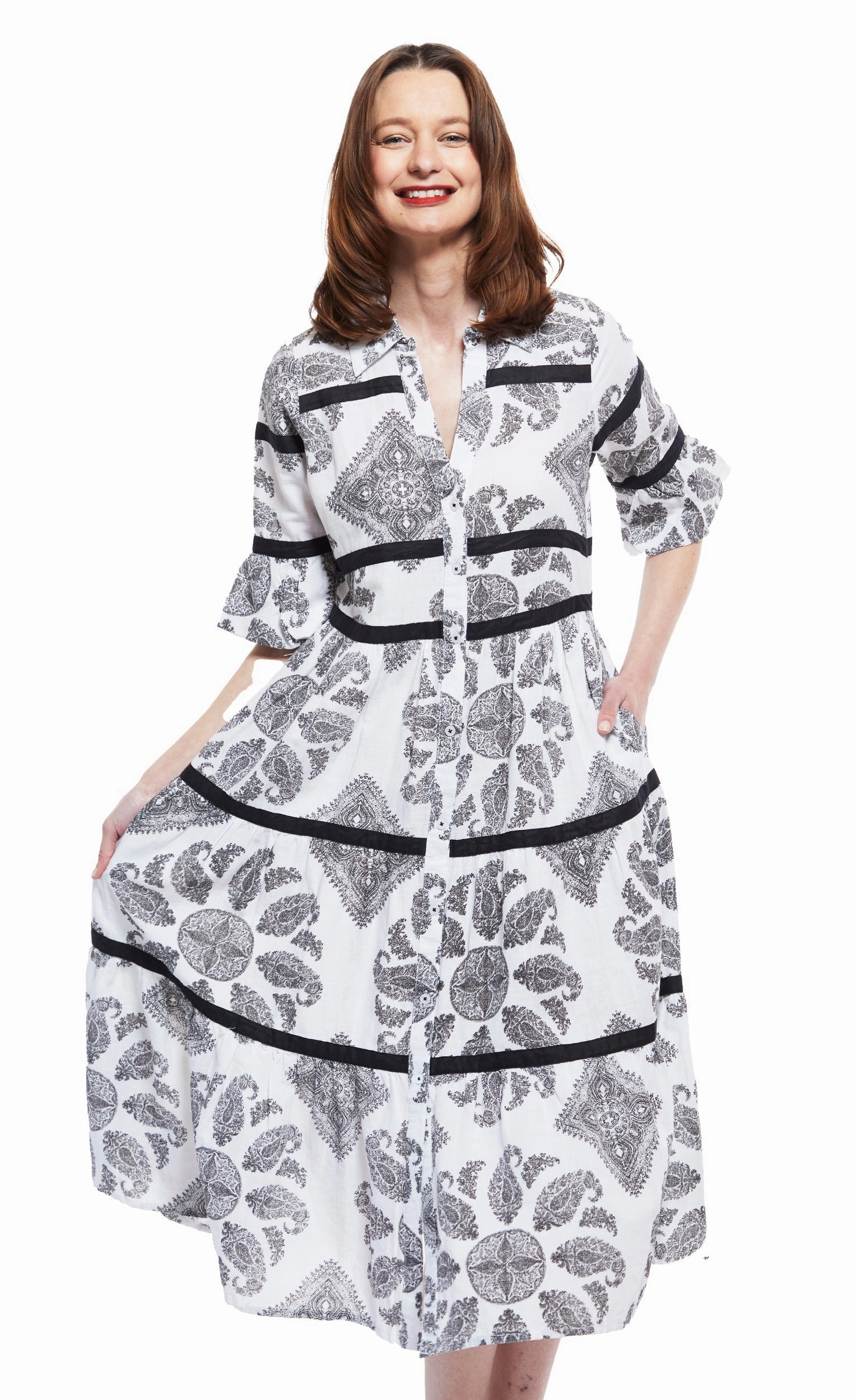 Miami Midi Dress - Black/White Paisley With Black Ribbon Trim Gift-Worthy Cozy Style