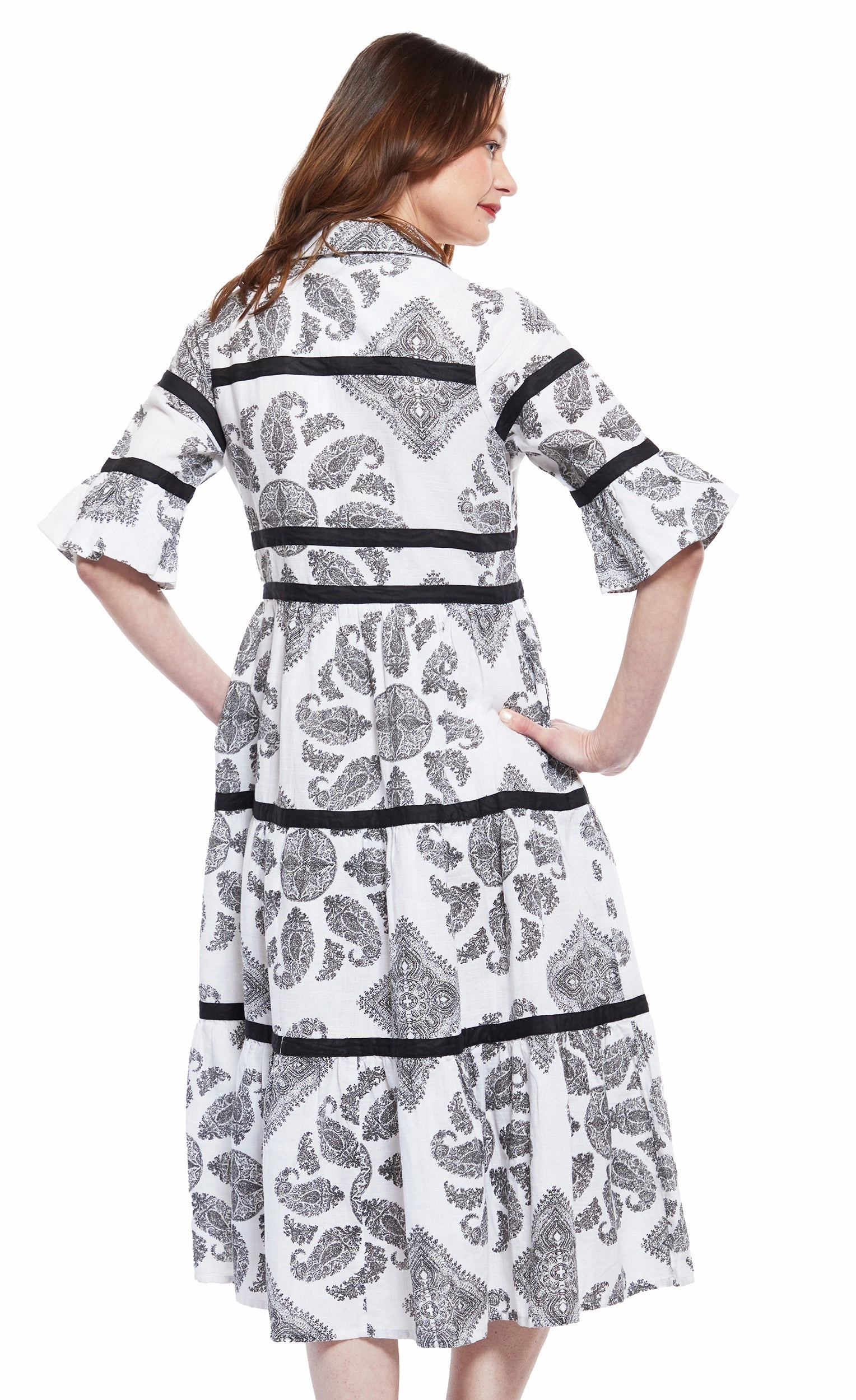 Dreamy Flow Country View Miami Midi Dress - Black/White Paisley With Black Ribbon Trim