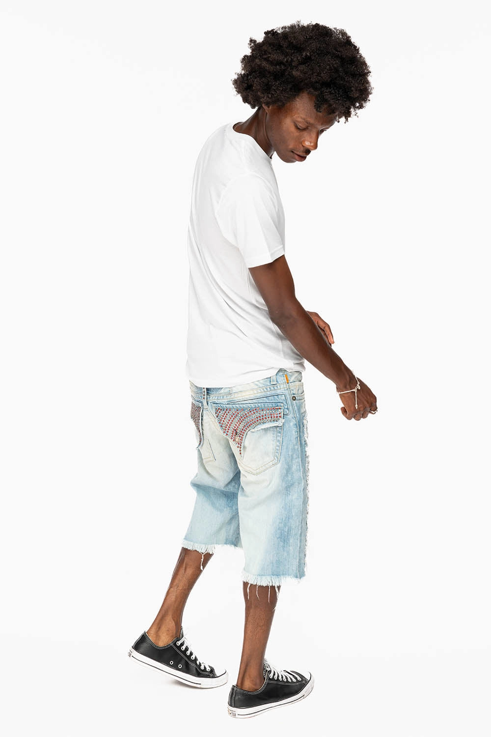 MENS LIMITED EDITION DESTROYED SHORTS WITH FLAP POCKET IN 5D LIGHT WASH WITH CRYSTALS Premium Denim Weekend Vibes