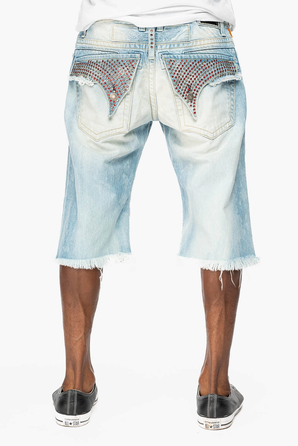 Year Rounder Quick Matchup MENS LIMITED EDITION DESTROYED SHORTS WITH FLAP POCKET IN 5D LIGHT WASH WITH CRYSTALS