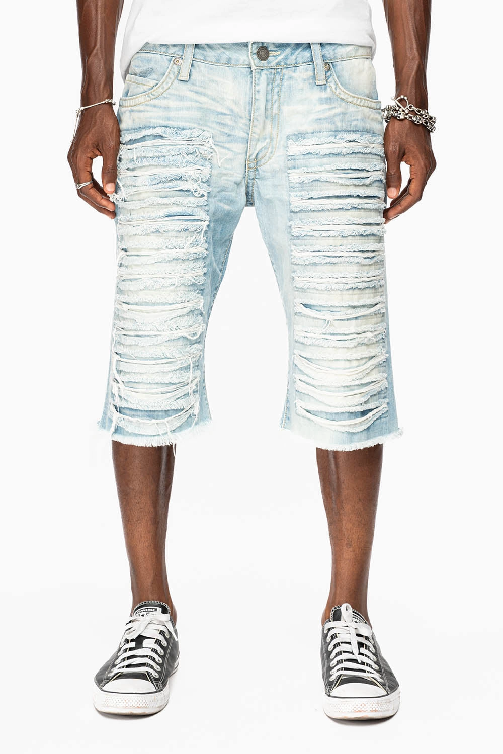 Classic Wear Street Fashion MENS LIMITED EDITION DESTROYED SHORTS WITH FLAP POCKET IN 5D LIGHT WASH WITH CRYSTALS