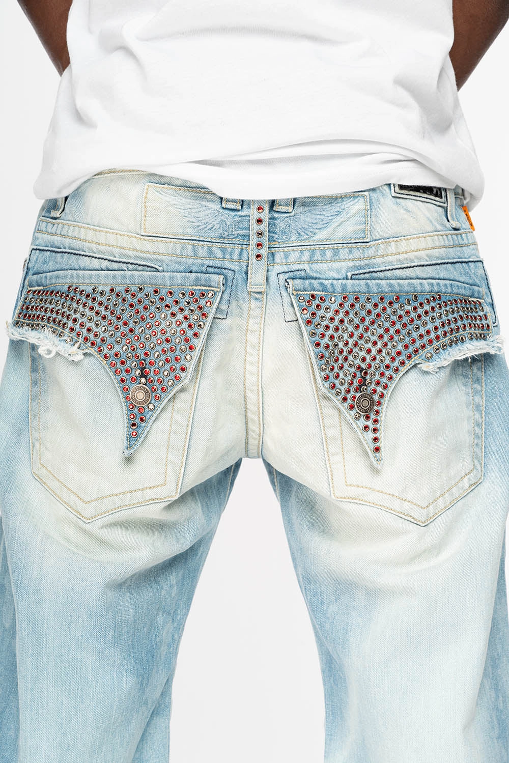 MENS LIMITED EDITION DESTROYED SHORTS WITH FLAP POCKET IN 5D LIGHT WASH WITH CRYSTALS Chic Style All Fit Style