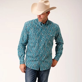 Coffee Run Roper Men's Turquoise Paisley Long Sleeve