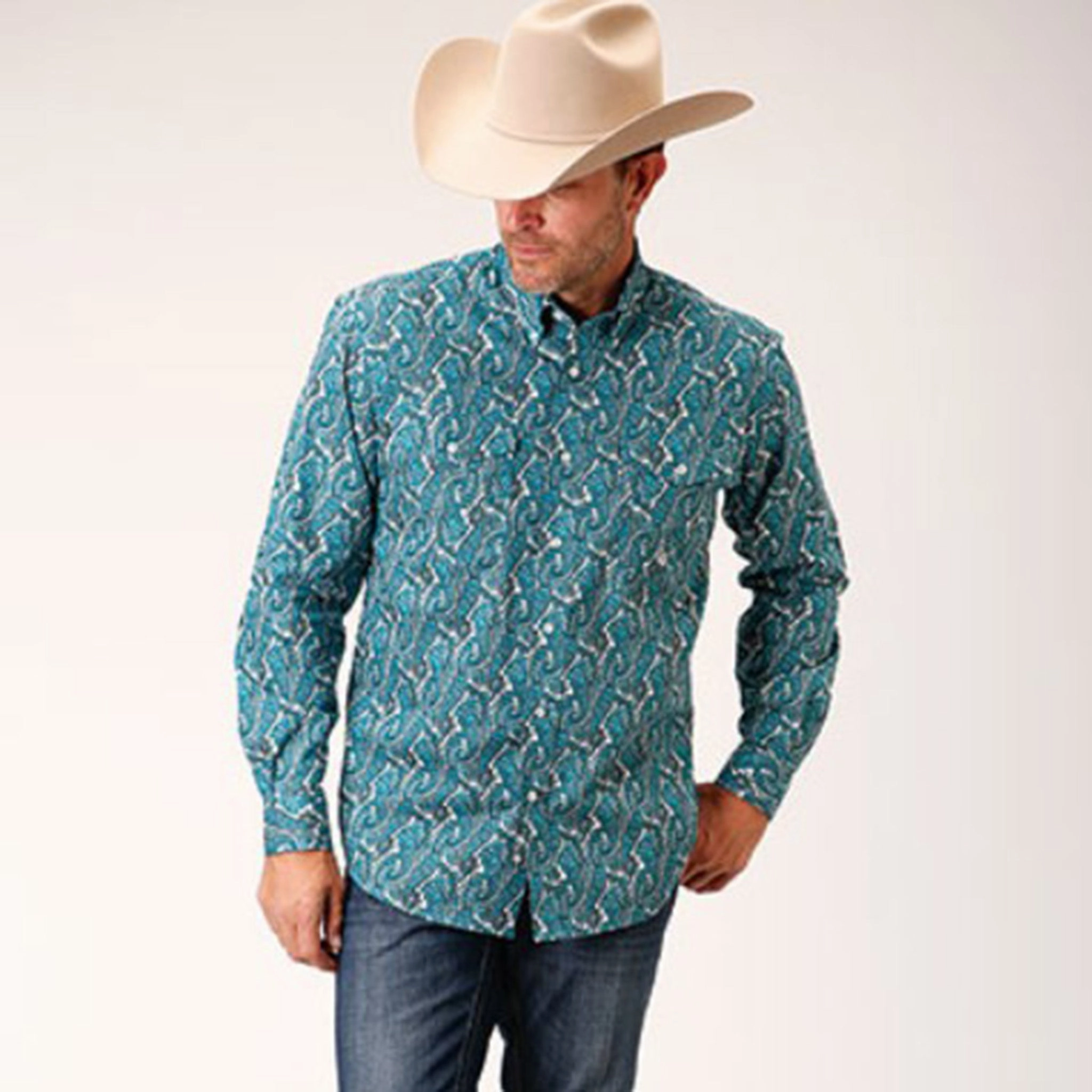 Coffee Run Roper Men's Turquoise Paisley Long Sleeve