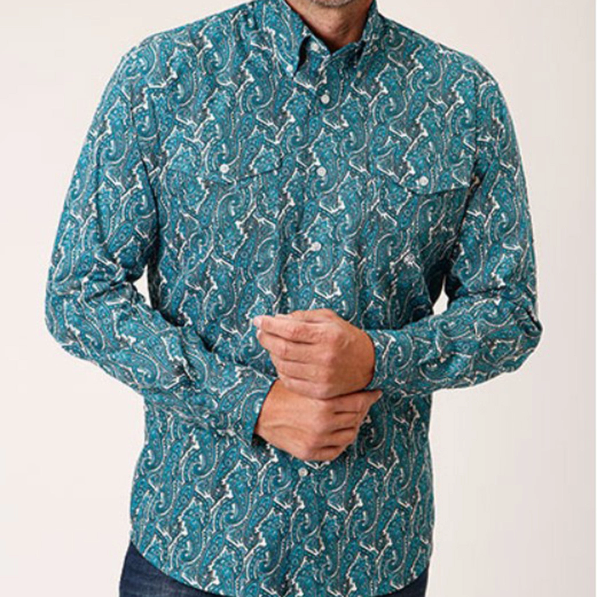 Reinforced Elasticity Fashion Comfort Roper Men's Turquoise Paisley Long Sleeve