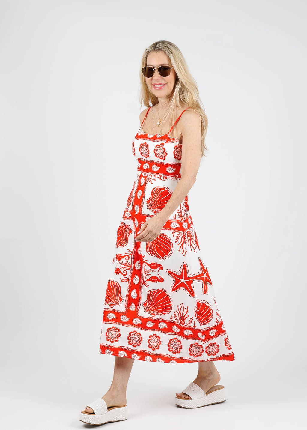 Aria Spaghetti Strap Midi Dress - Red/Multi Natural Aesthetic